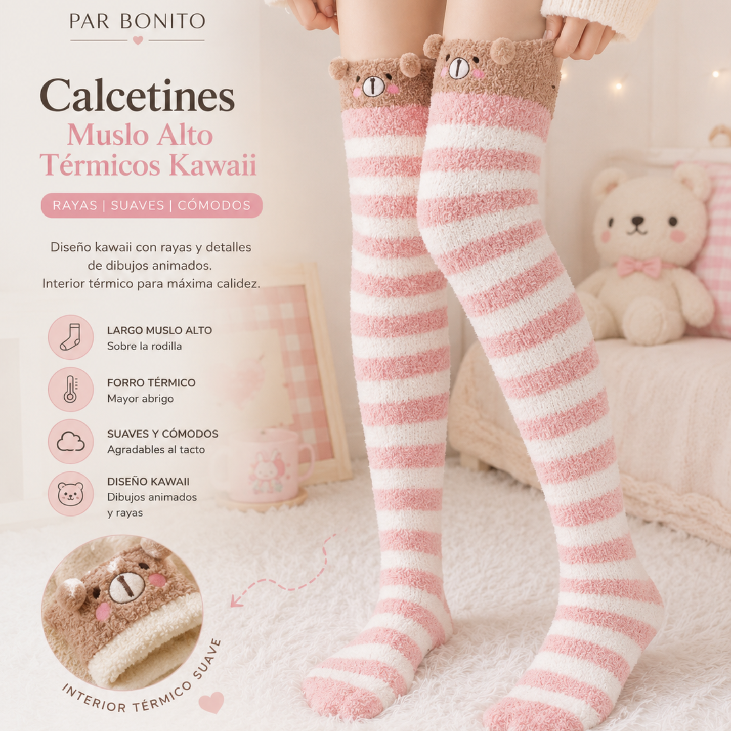 CALCETINES KAWAII  MUSLO ALTO TÉRMICOS – RAYAS PAR BONITO