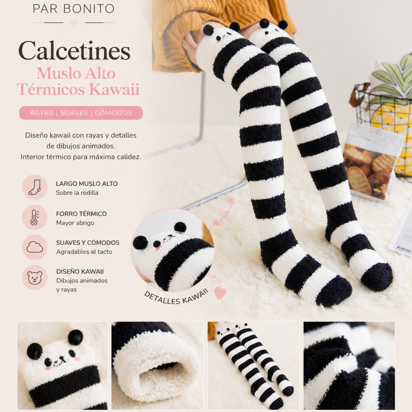 CALCETINES KAWAII  MUSLO ALTO TÉRMICOS – RAYAS PAR BONITO